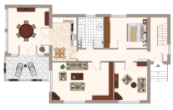 Grundriss Erdgeschoss möbliert - Einfamilienhaus auf zwei Ebenen mit großem, pflegeleichten Garten, Wintergarten, Terrasse, Garage!